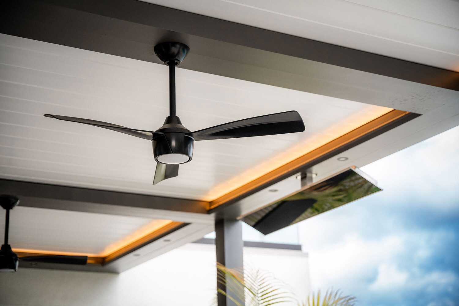 Modern black ceiling fan under ceiling with Portland Window Coverings in Tigard, OR