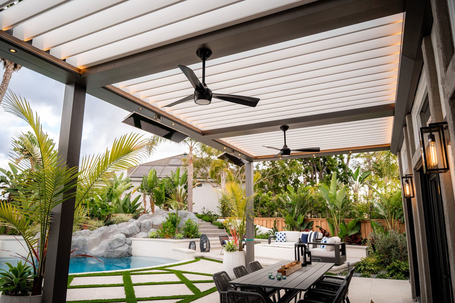 Modern patio with ceiling fans and Portland Window Coverings in Tigard, OR