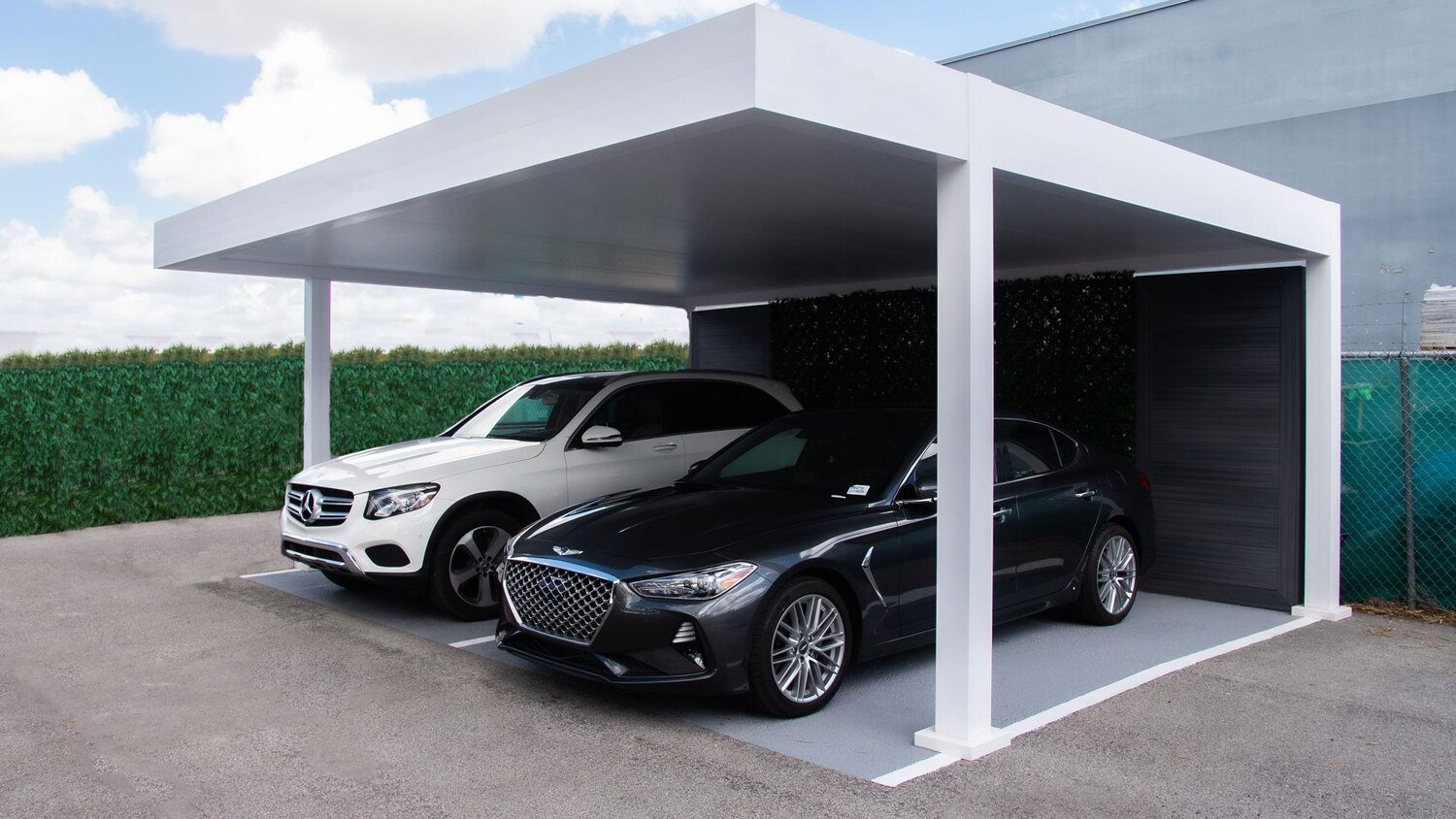 Modern carport with luxury car and Portland Window Coverings lighting in Tigard, OR